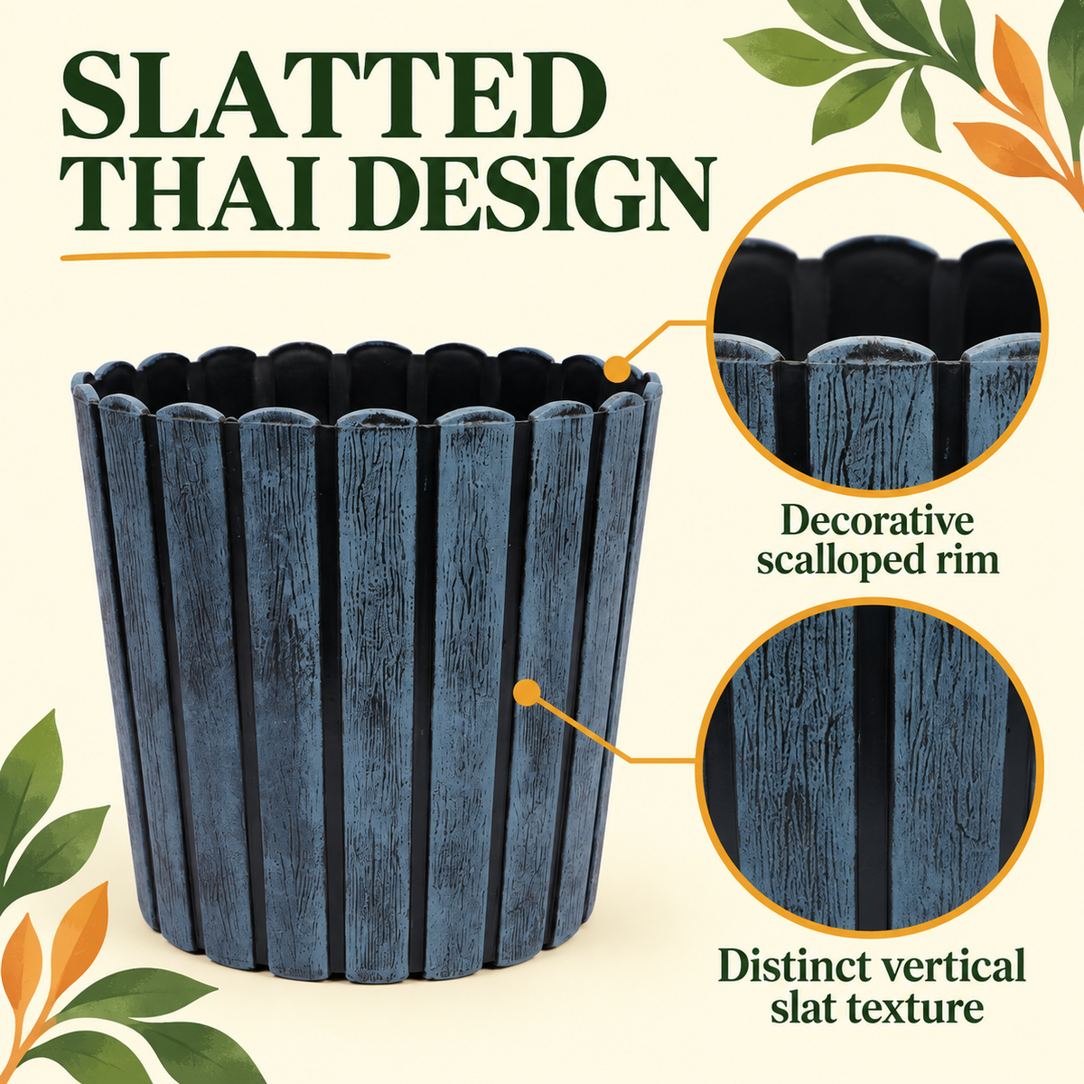 Ribbed Wood-Style Planter Pot Set of 2 – 12 Inch Round Indoor Outdoor Flower Pots for Home, Balcony, Terrace & Office Decor