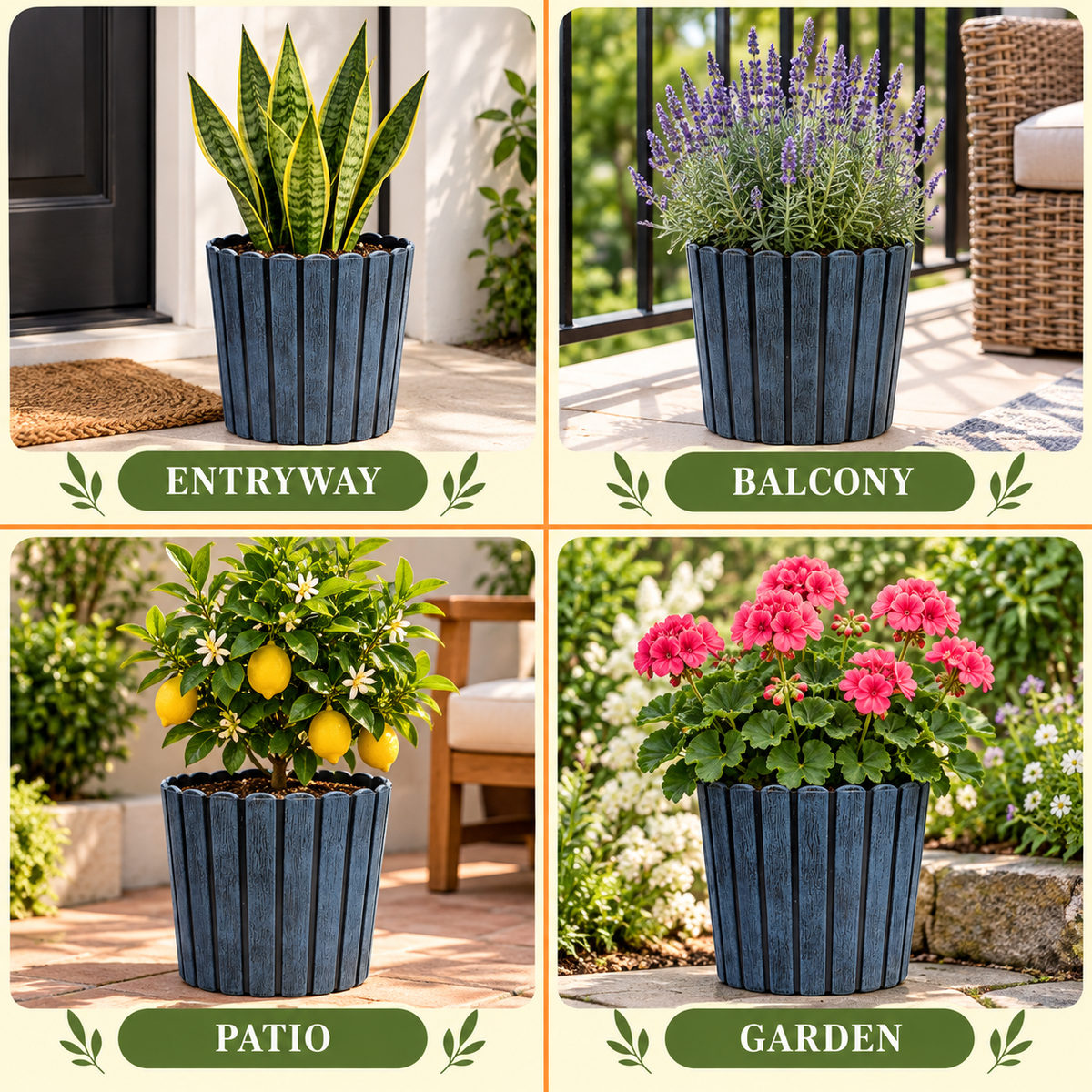 Ribbed Wood-Style Planter Pot Set of 2 – 12 Inch Round Indoor Outdoor Flower Pots for Home, Balcony, Terrace & Office Decor