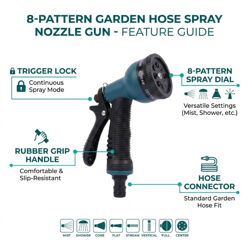 8-Pattern Garden Hose Spray Nozzle Gun – Heavy-Duty Water Sprayer