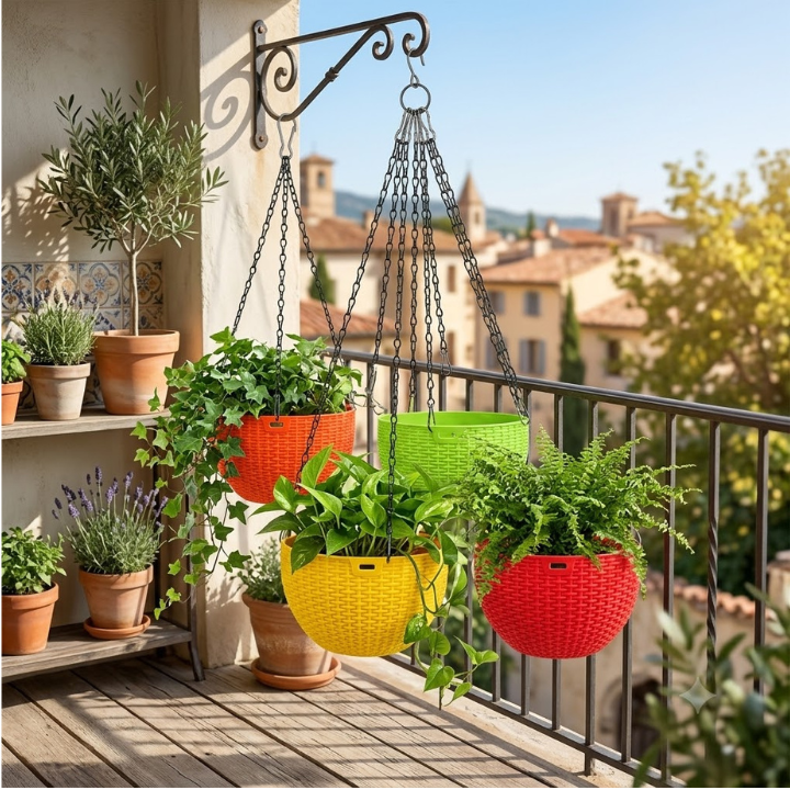 Euro Basket Hanging Planters – Set of 4 (Iron Chain)