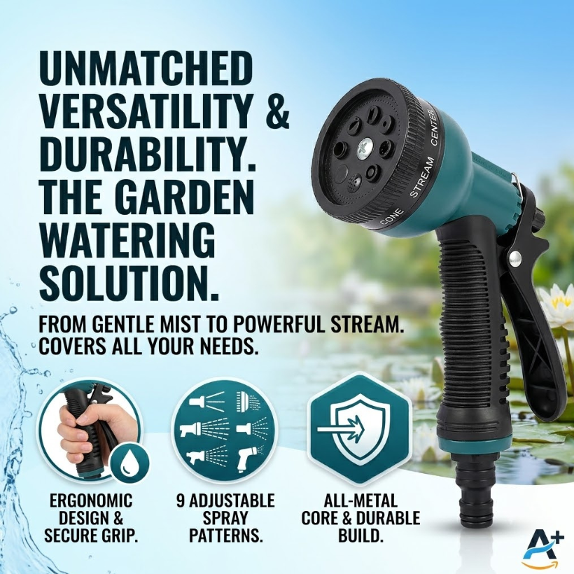 8-Pattern Garden Hose Spray Nozzle Gun – Heavy-Duty Water Sprayer