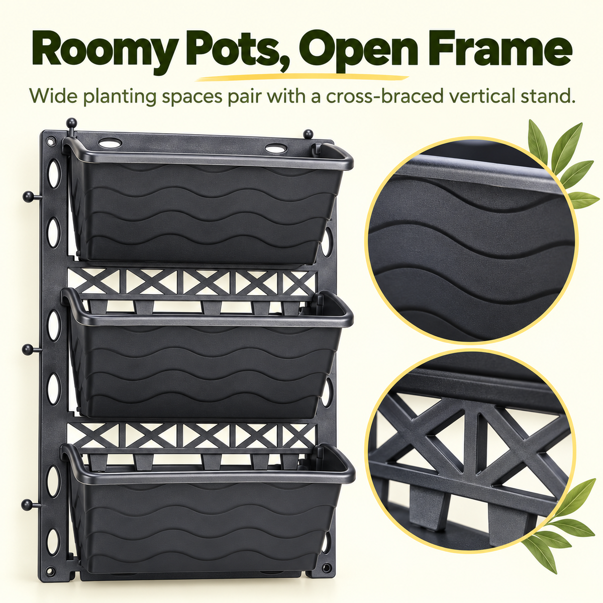 Vertical Garden Wall Planter 12" x 18" – 3-Tier Stackable Wall-Mounted Plant Pots for Indoor Outdoor Balcony, Patio & Living Wall Décor
