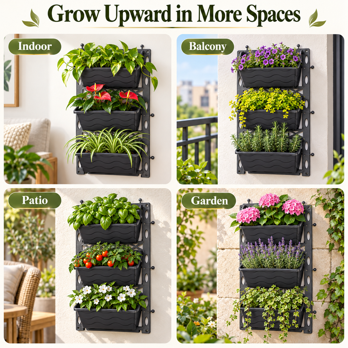 Vertical Garden Wall Planter 12" x 18" – 3-Tier Stackable Wall-Mounted Plant Pots for Indoor Outdoor Balcony, Patio & Living Wall Décor