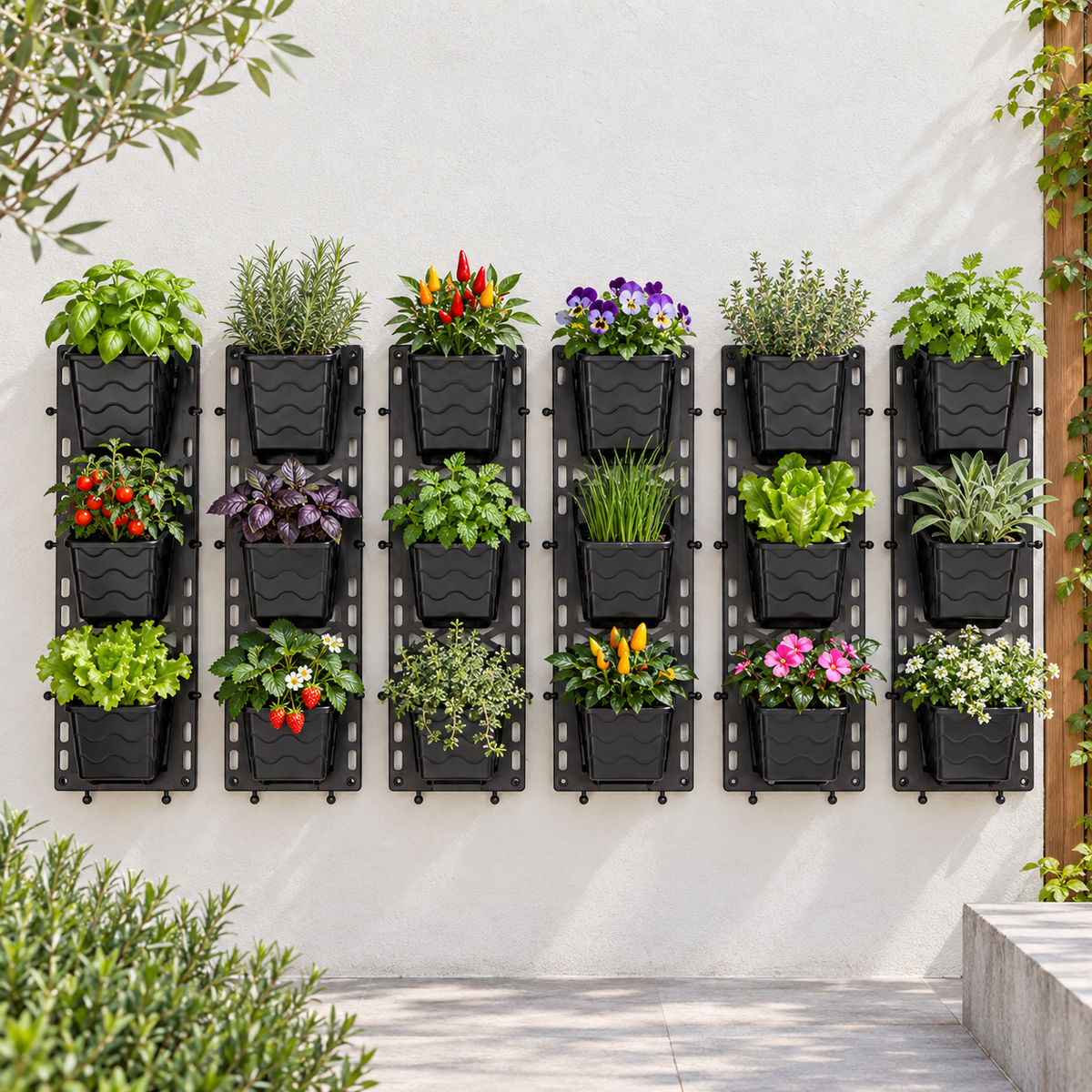 Vertical Garden Wall Planter Small – 6-Tier Hanging Pot Rack (6×18 Inch) | Self-Draining Black Plastic Planters for Indoor/Outdoor Wall Decor