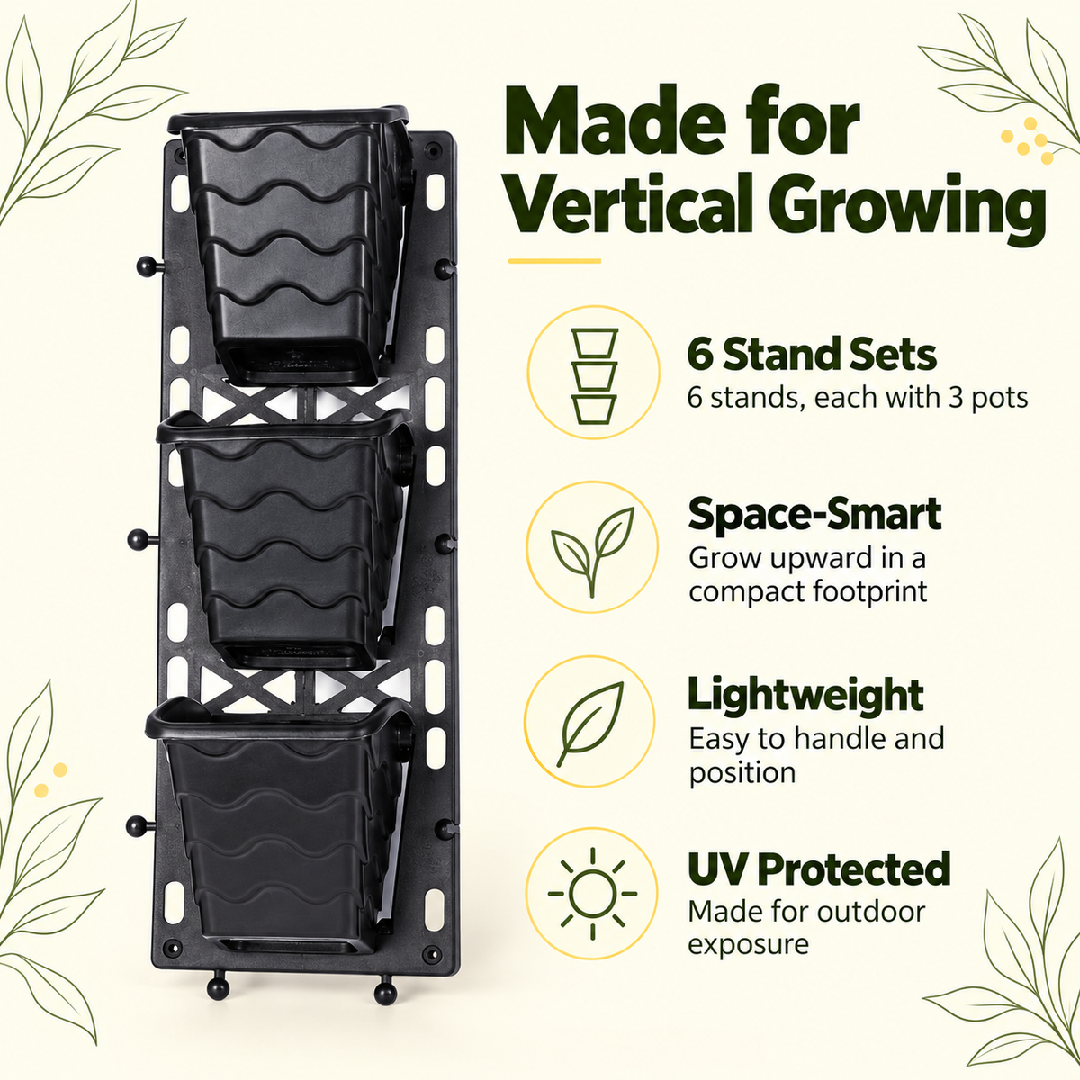 Vertical Garden Wall Planter Small – 6-Tier Hanging Pot Rack (6×18 Inch) | Self-Draining Black Plastic Planters for Indoor/Outdoor Wall Decor