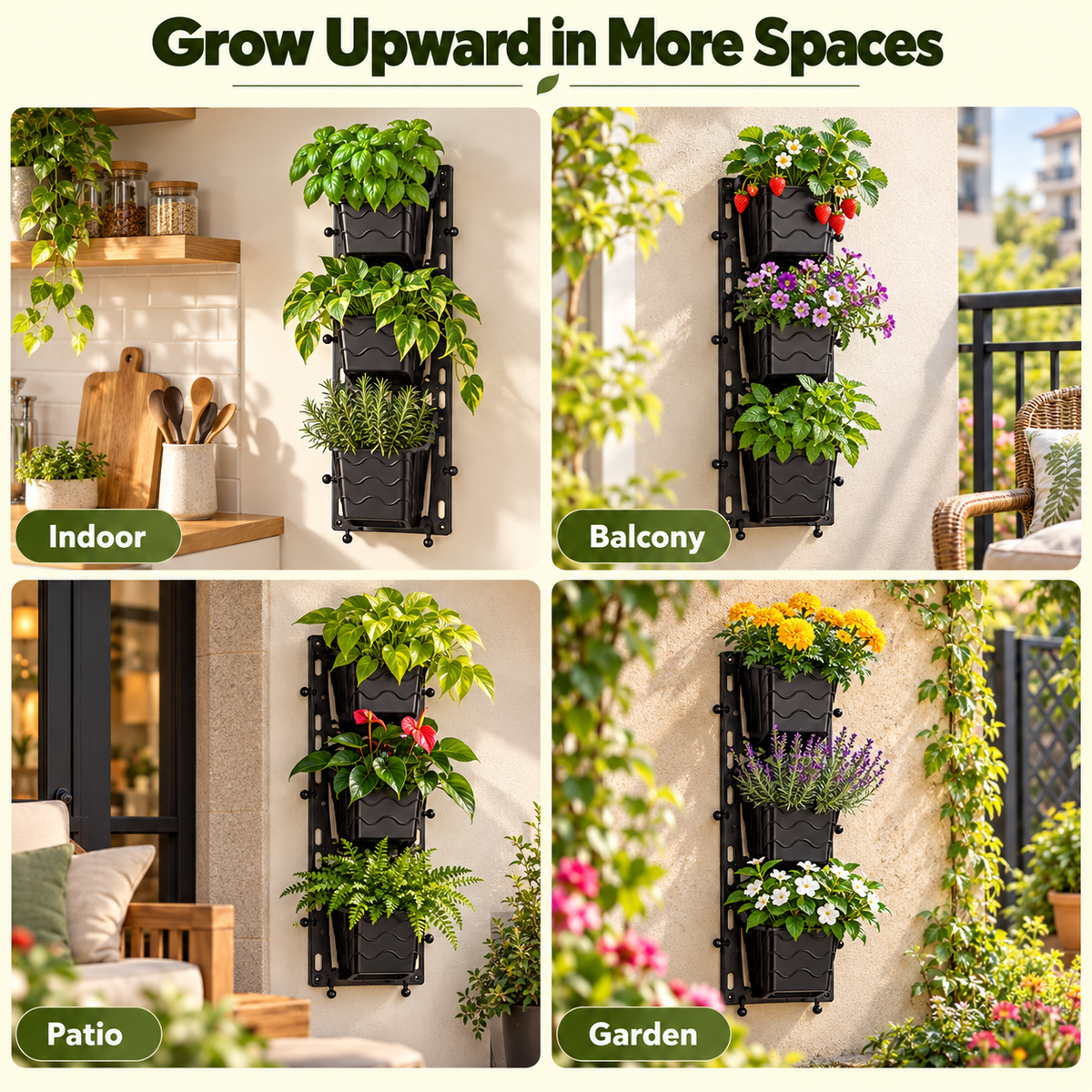 Vertical Garden Wall Planter Small – 6-Tier Hanging Pot Rack (6×18 Inch) | Self-Draining Black Plastic Planters for Indoor/Outdoor Wall Decor