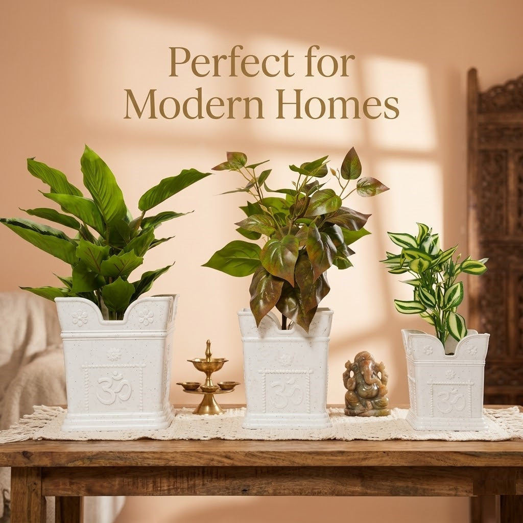 Modern White Marble Tulsi Planter Set – 3 Elegant Pots