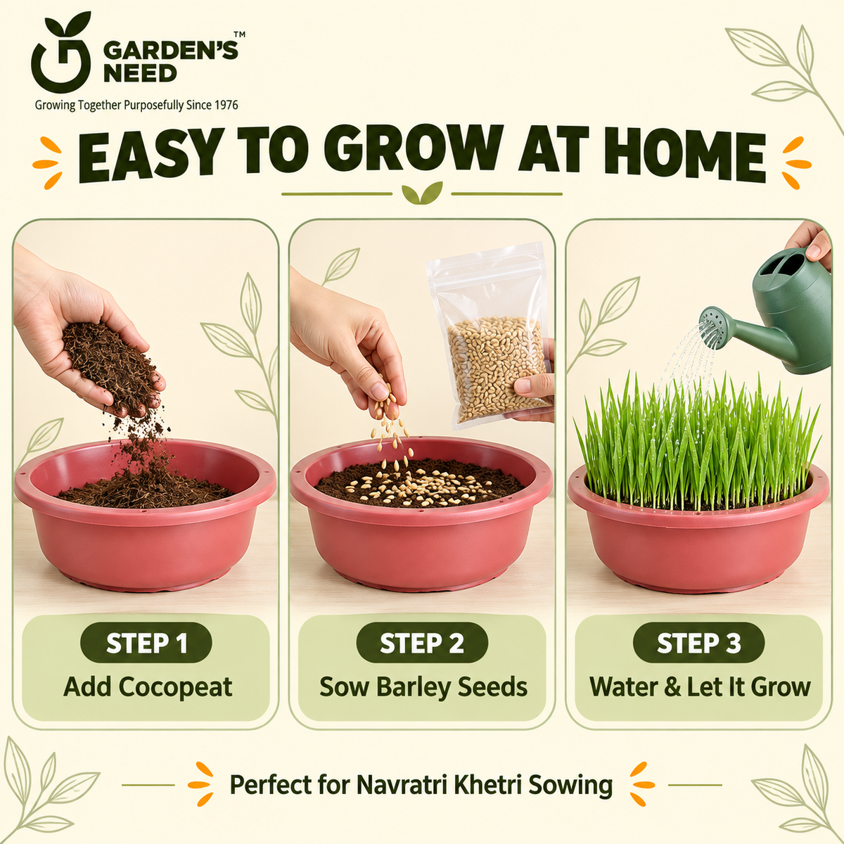 Navratri Khetri Growing Kit with 2 Round 10 Inch Plastic Pots, Cocopeat Block & Barley Jau Seeds