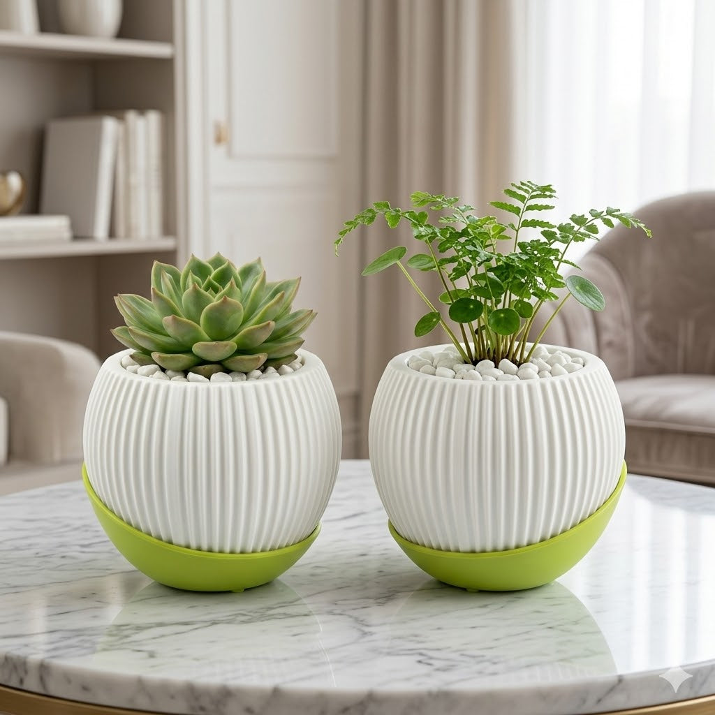 Melon 4.5" Peach Ceramic Pot with Moon Tray (Set of 2)