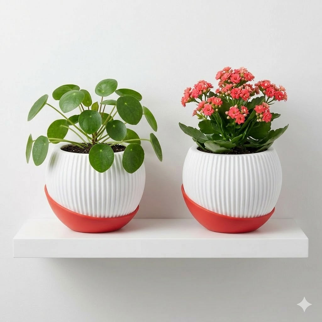 7" Melon Ceramic Planter with Moon Tray (Peach, Set of 2)