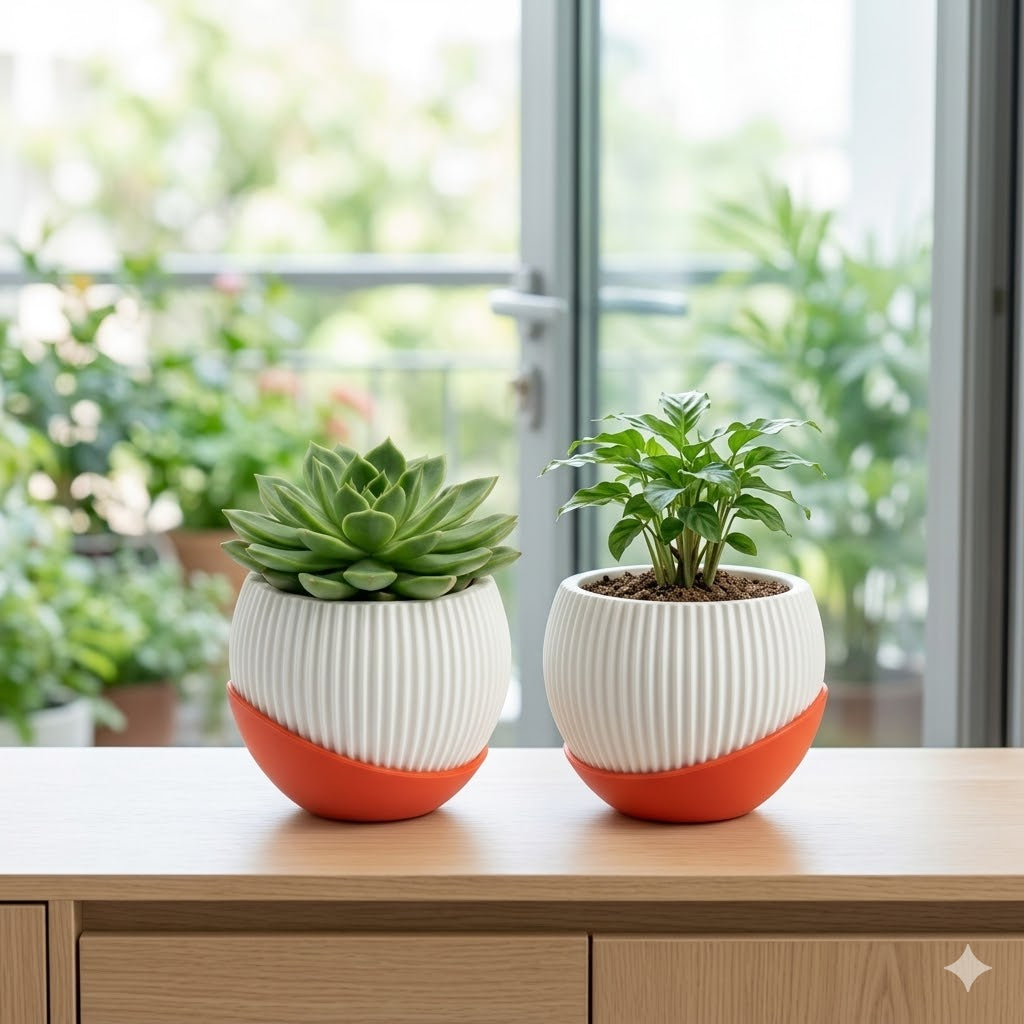 7" Melon Ceramic Planter with Moon Tray (Peach, Set of 2)